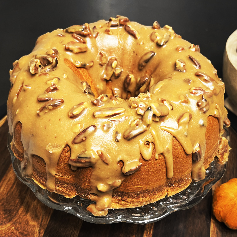 Cream Cheese Pound Cake w/ Pecan Praline Topping